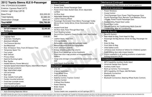 2012 Toyota Sienna XLE 8 Passenger