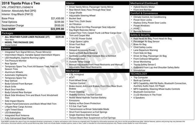 2018 Toyota Prius c Two