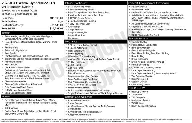 2026 Kia Carnival Hybrid LXS