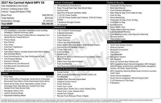 2027 Kia Carnival Hybrid SX